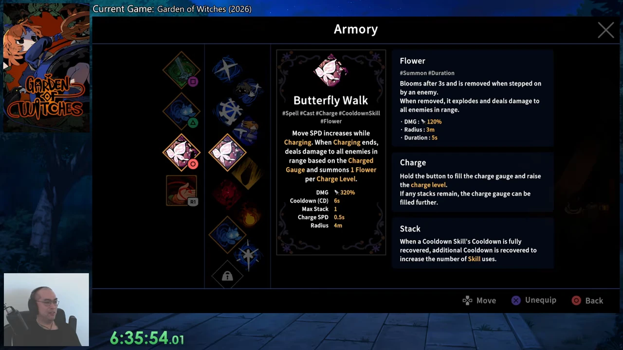 Butterfly Walk equipped beside Singing Scissors and Summon Doll; the prompt says Unequip.