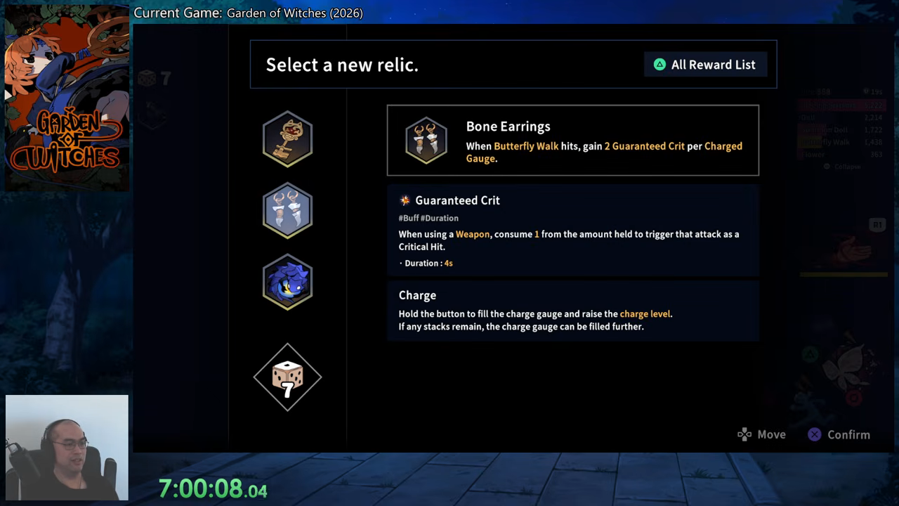 Bone Earrings reward showing the Butterfly Walk hit condition, Guaranteed Crit and Charge descriptions.