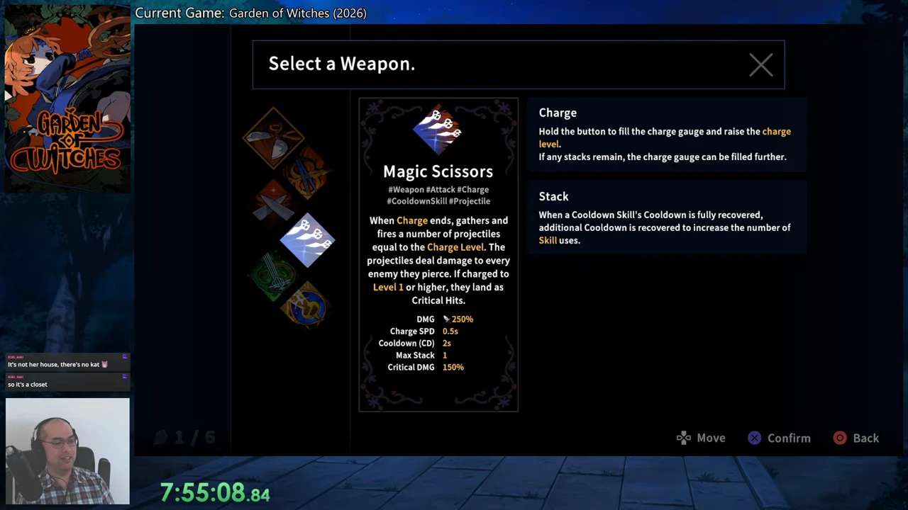 Magic Scissors tooltip describes charged piercing projectiles and critical hits at charge level one or higher.