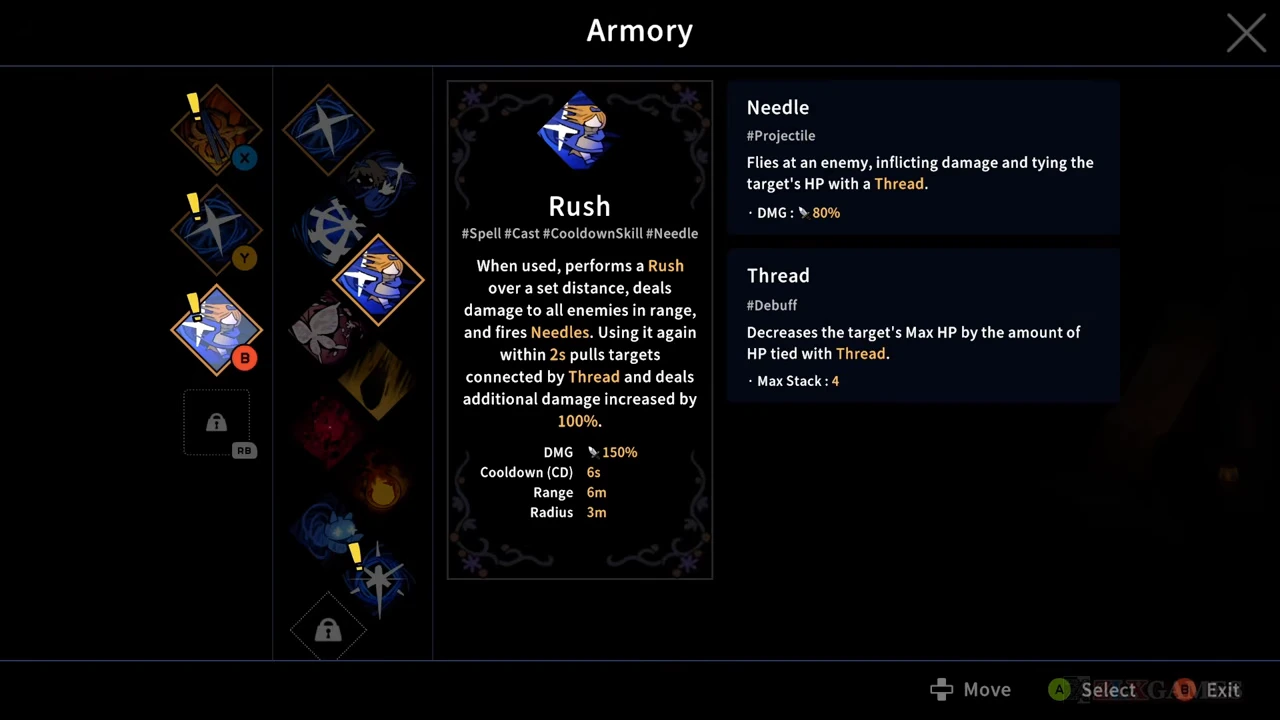 Rush Armory details with a separate Needle panel labeled Projectile and a separate Thread panel.