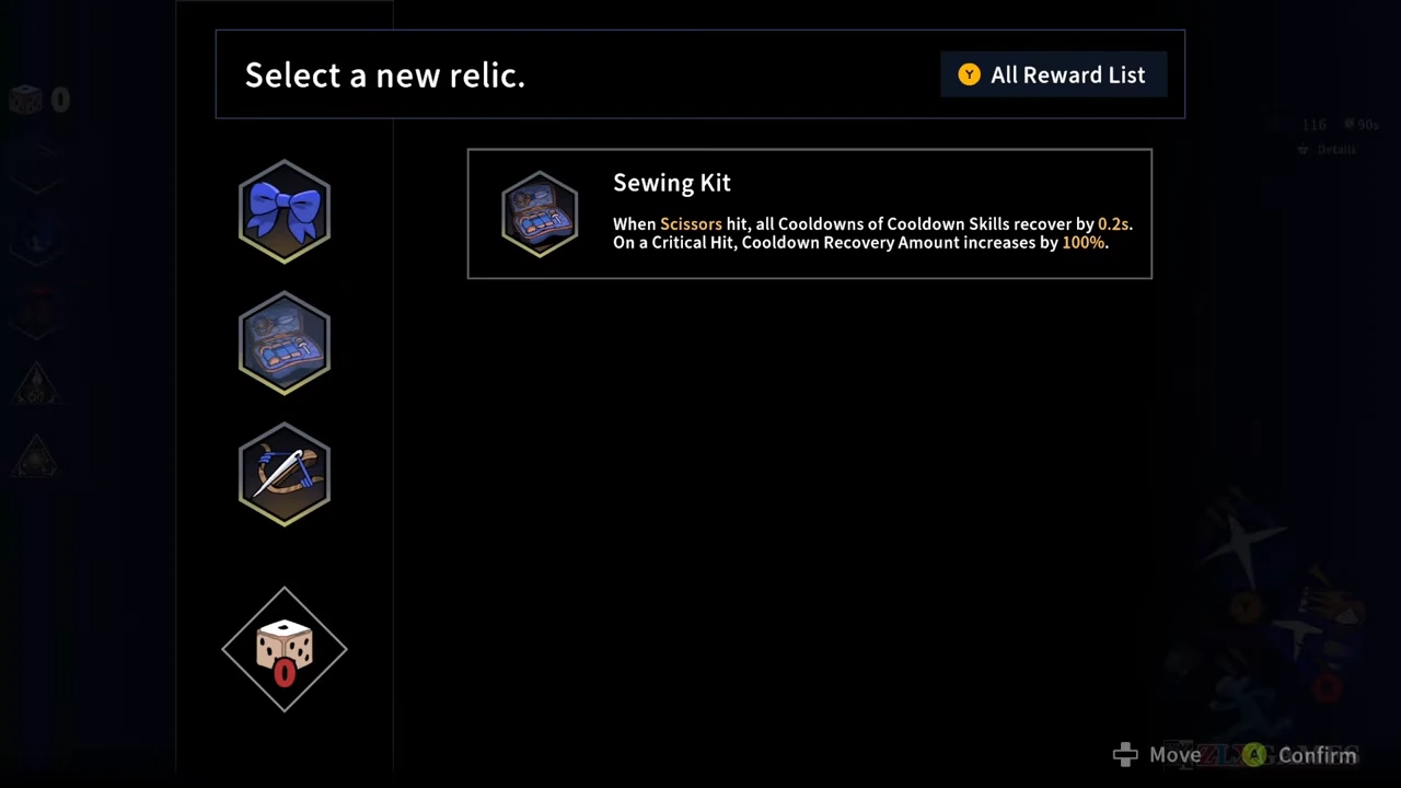 Sewing Kit highlighted with its Scissors-hit and critical-hit cooldown recovery conditions.